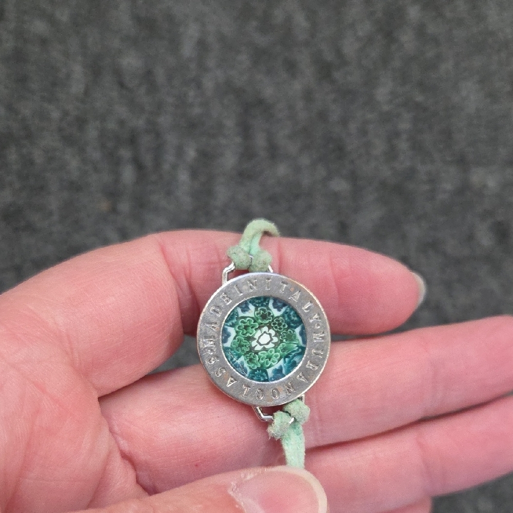 Murano Mint Green Cord Bracelet with Blue Floral Glass Medallion - Picture 5 of 9